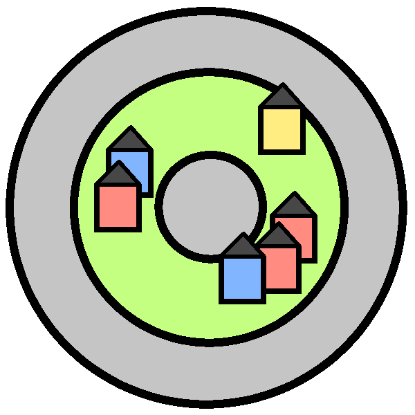 A target with a pale green middle and a gray outside and inside. There are small red, blue, and yellow houses in the middle ring. 